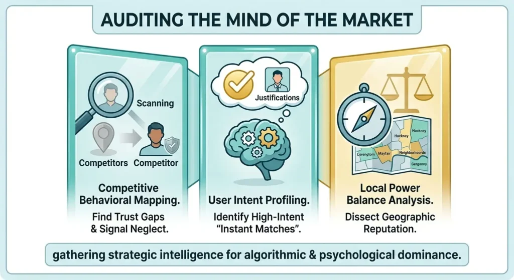 A professional vector infographic on a white background with teal and gold accents, titled 'AUDITING THE MIND OF THE MARKET'. The graphic features three connected, glowing vertical panels. The left panel shows a magnifying glass scanning competitors with a fading marker and a 'Verified' shield, labeled 'Competitive Behavioral Mapping' and 'Find Trust Gaps & Signal Neglect.' The center panel shows a human brain silhouette with gears and a thought bubble highlighting a gold checkmark over a profile labeled 'Justifications,' labeled 'User Intent Profiling' and 'Identify High-Intent Instant Matches.' The right panel shows a compass on a cityscape map with neighborhood markers, labeled 'Local Power Balance Analysis' and 'Dissect Geographic Reputation.' A bottom banner reads: 'gathering strategic intelligence for algorithmic & psychological dominance.'