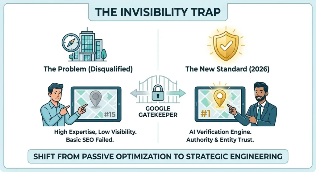 An infographic titled 'THE INVISIBILITY TRAP' comparing two business outcomes in a modern vector style on a white background. On the left, 'The Problem (Disqualified)' shows a frustrated business owner next to a dim map tablet where they are ranked #15; text says 'High Expertise, Low Visibility. Basic SEO Failed.' On the right, 'The New Standard (2026)' shows a confident strategist next to a glowing gold map tablet ranked #1; text says 'AI Verification Engine. Authority & Entity Trust.' In the center, a locked gate is labeled 'GOOGLE GATEKEEPER.' A bottom banner reads: 'SHIFT FROM PASSIVE OPTIMIZATION TO STRATEGIC ENGINEERING.'
