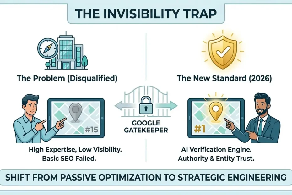 An infographic titled 'THE INVISIBILITY TRAP' comparing two business outcomes in a modern vector style on a white background. On the left, 'The Problem (Disqualified)' shows a frustrated business owner next to a dim map tablet where they are ranked #15; text says 'High Expertise, Low Visibility. Basic SEO Failed.' On the right, 'The New Standard (2026)' shows a confident strategist next to a glowing gold map tablet ranked #1; text says 'AI Verification Engine. Authority & Entity Trust.' In the center, a locked gate is labeled 'GOOGLE GATEKEEPER.' A bottom banner reads: 'SHIFT FROM PASSIVE OPTIMIZATION TO STRATEGIC ENGINEERING.