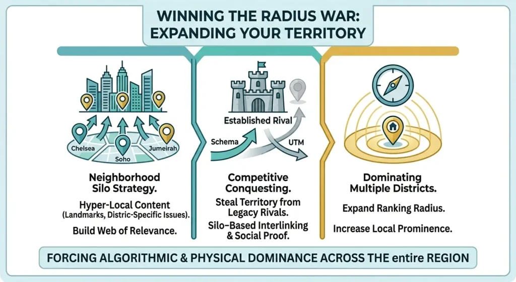 A professional vector infographic titled 'WINNING THE RADIUS WAR: EXPANDING YOUR TERRITORY' with a teal and gold palette on a white background. The content is structured into three connected, illuminated vertical pillars. The left pillar shows a cityscape map with district markers and neighborhood silo graphics, labeled 'Neighborhood Silo Strategy' and 'Hyper-Local Content (Landmarks, Distric-Specific Issues).' The center pillar shows an offensive 'Schema' and 'UTM' strategy attacking a fading 'Established Rival' castle, labeled 'Competitive Conquesting' and 'Silo-Based Interlinking & Social Proof.' The right pillar shows a compass with gold rings growing from a central business location marker, labeled 'Dominating Multiple Districts' and 'Expand Ranking Radius.' A bottom banner reads: 'FORCING ALGORITHMIC & PHYSICAL DOMINANCE ACROSS THE entire REGION.'