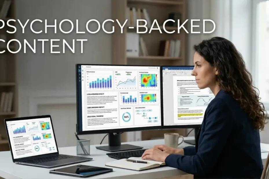 Modern digital workstation showing content performance analytics, heatmaps, and psychological data visualizations for Anwar Ali's Psychology-Backed Content service.