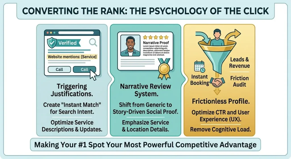 A modern vector infographic on a white background with teal and gold accents, titled 'CONVERTING THE RANK: THE PSYCHOLOGY OF THE CLICK'. The graphic uses three flow-based vertical columns. The left column shows a 'Verified' search result page with bolded justifications, labeled 'Triggering Justifications' and 'Create Instant Match for Search Intent.' The center column shows a detailed client review card with a photo and story, labeled 'Narrative Review System' and 'Shift from Generic to Story-Driven Social Proof.' The right column shows a smooth marketing funnel with a user icon transforming into a handshake, labeled 'Frictionless Profile' and 'Optimize CTR and User Experience (UX).' A bottom banner reads: 'Making Your #1 Spot Your Most Powerful Competitive Advantage.
