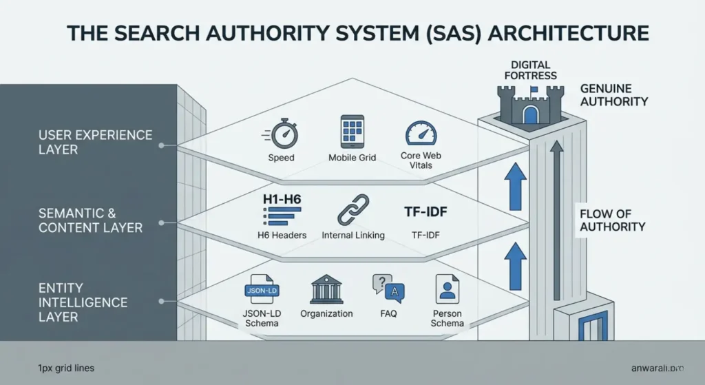 Technical blueprint of the Search Authority System (SAS) showing User Experience, Semantic, and Entity Intelligence layers.