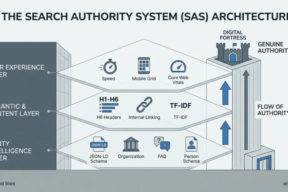 Technical blueprint of the Search Authority System (SAS) showing User Experience, Semantic, and Entity Intelligence layers.
